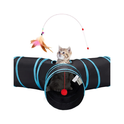 3-Way Collapsible Cat Tunnel with Teaser Wand